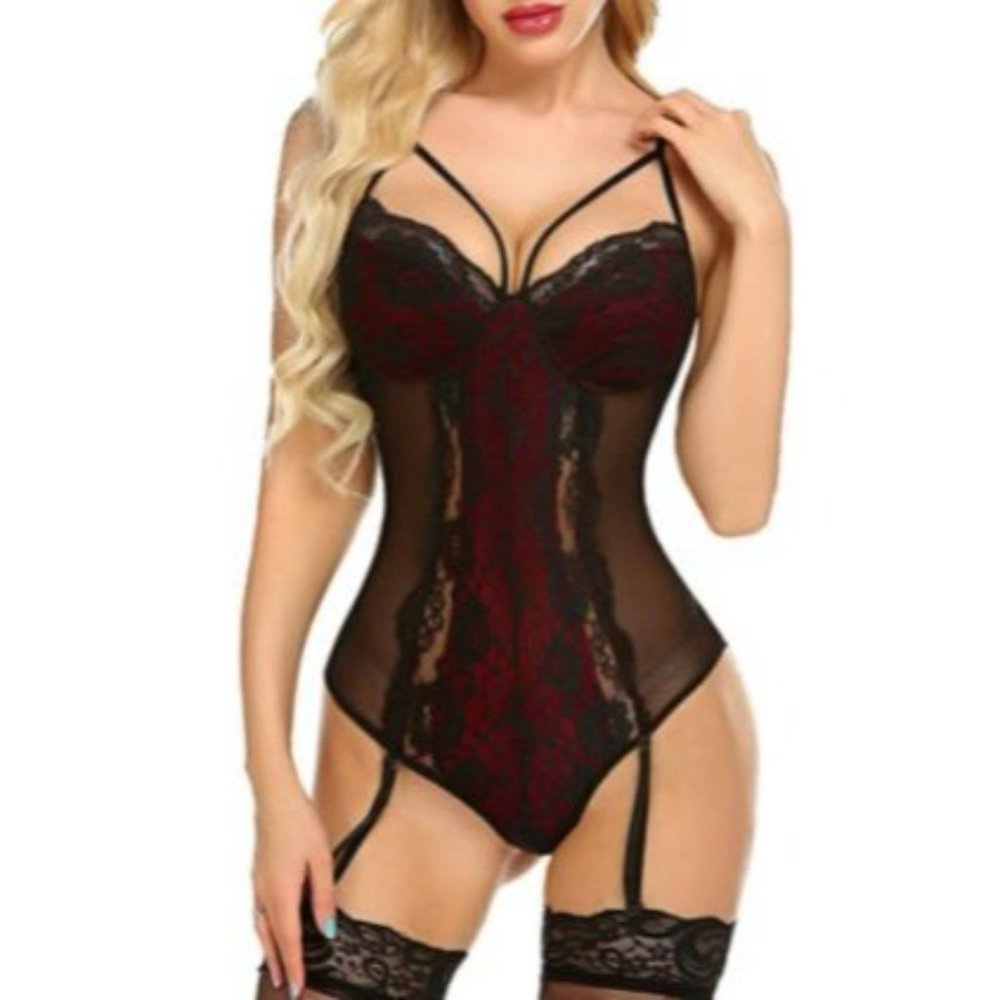 Size Small thru 2X - Black and Dark Red Lace Teddy with Garter Straps